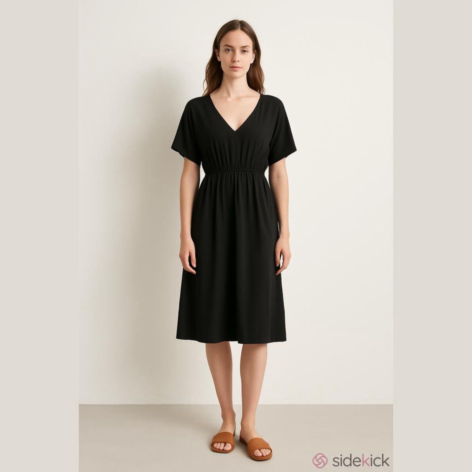 Soft Surroundings Black Midi Dress V-Neck Button Up